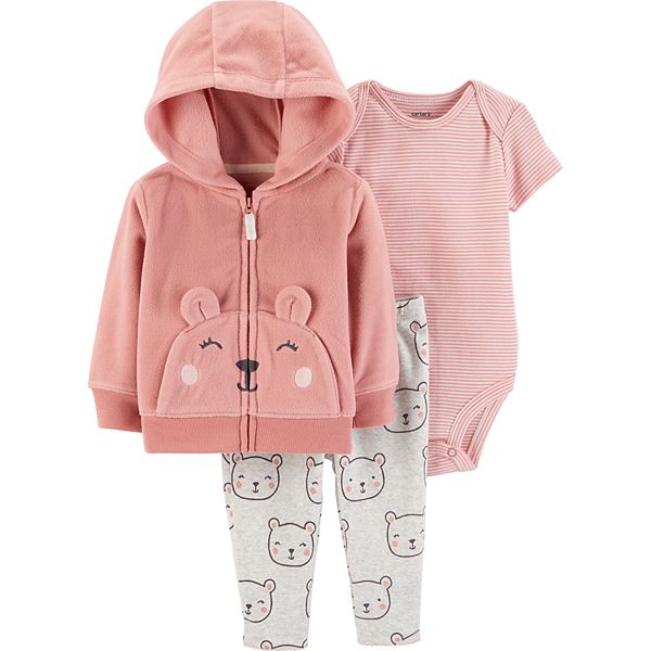 Baby Girl Carter's Bear Fleece Hoodie, Striped Bodysuit & Leggings Set