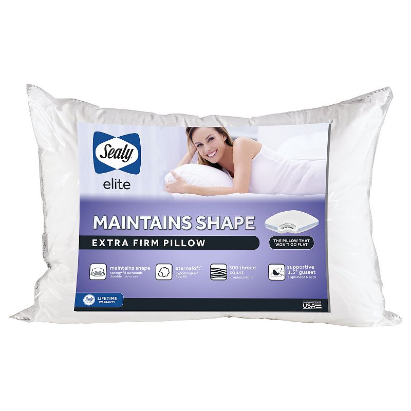 Sealy Elite Extra Firm Maintains Shape Foam Core Support Pillow, White, Que