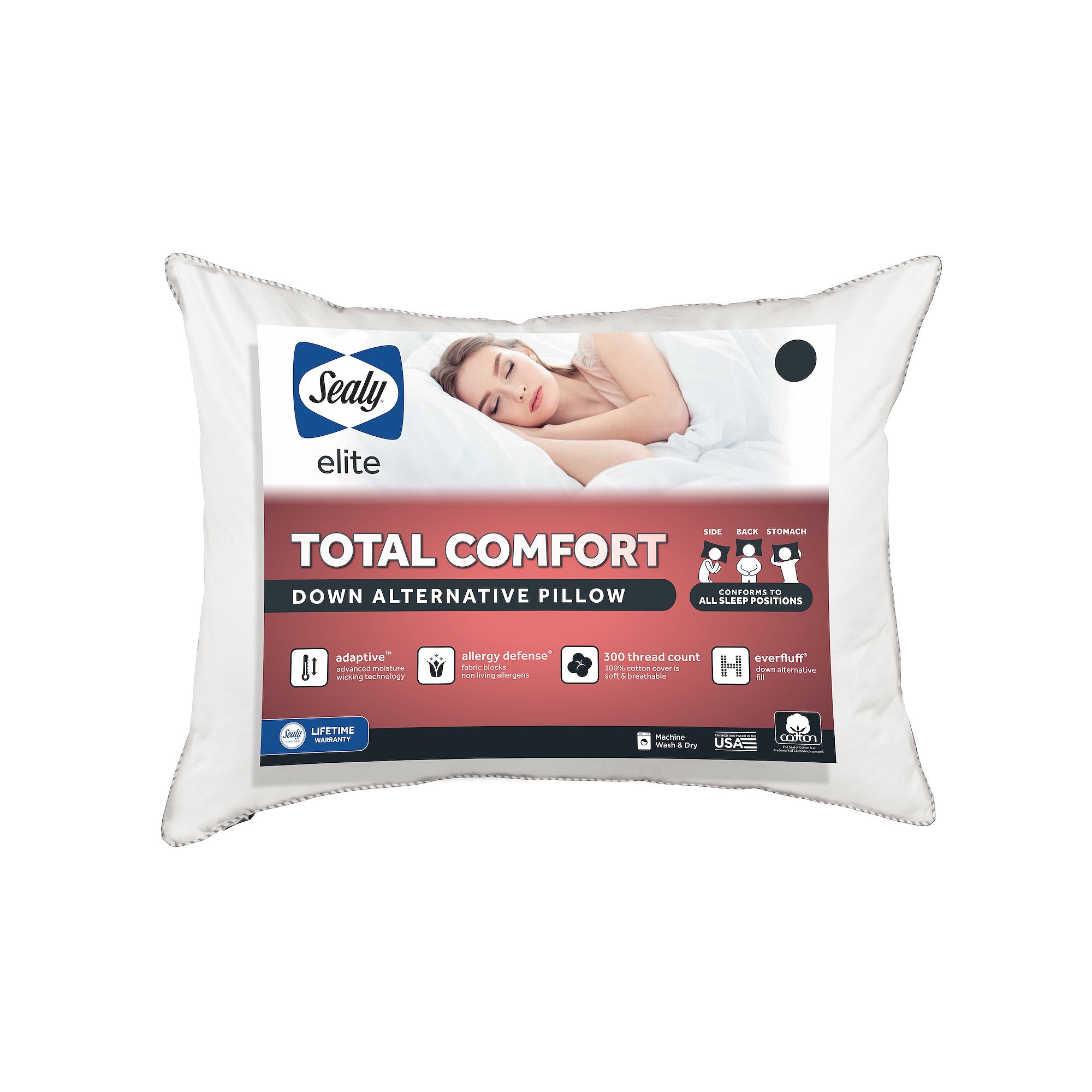 Sealy Elite Total Comfort All Sleep Positions Down Alternative Pillow, Whit