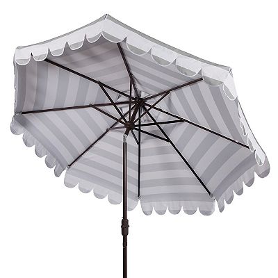 gray and white striped patio umbrella Best Choice Products 10ft Outdoor Steel Market w/ Crank, Tilt Push Button, 6 Ribs or your favorite beach chair Safavieh Maui 9' Market Crank