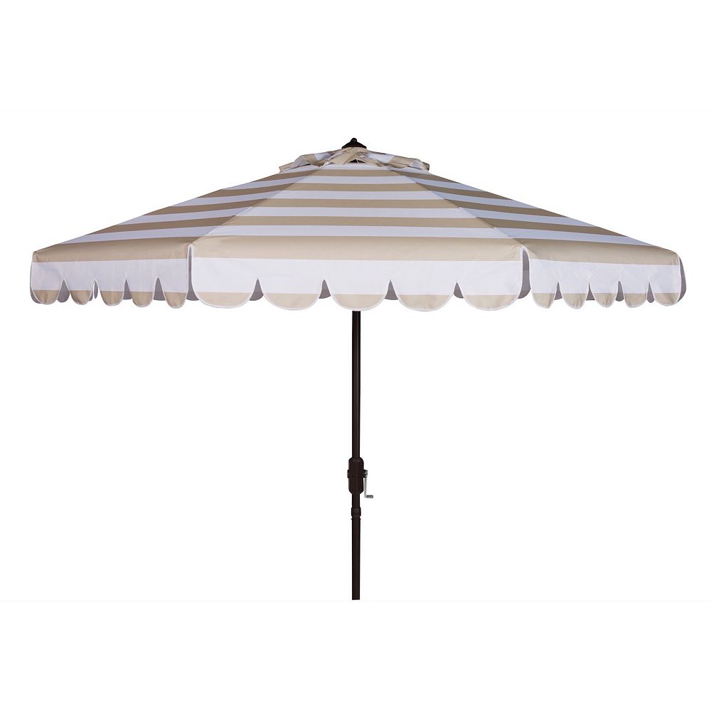 beige and black scalloped patio umbrella Safavieh 9' UV-Resistant Elegant Valance Auto Tilt tilt mechanism Tempera 9ft Scalloped Patio Umbrellas