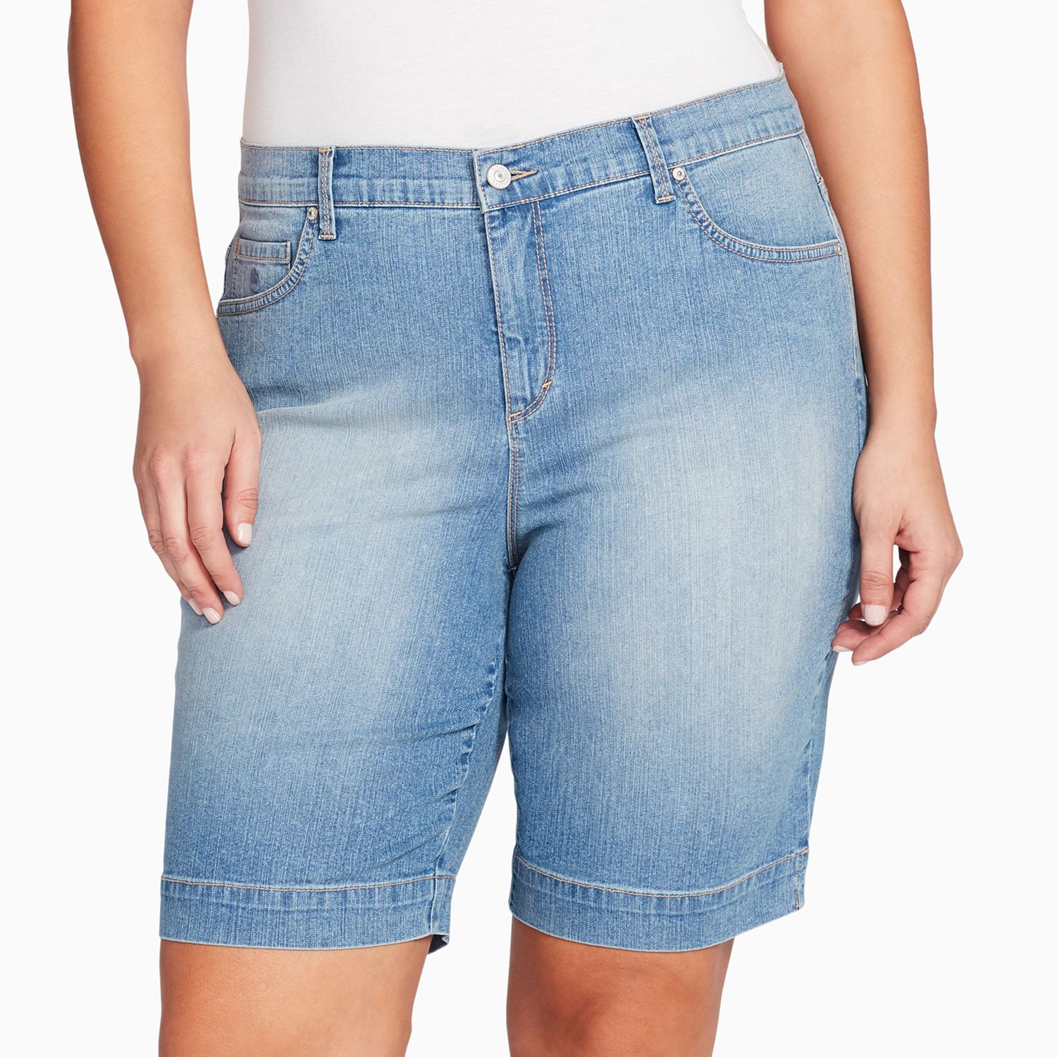 Gloria Vanderbilt Plus Amanda Solid Button Hem Shorts - Women's 24W Beige Bermuda Shorts, 10 Inch Inseam - View #3