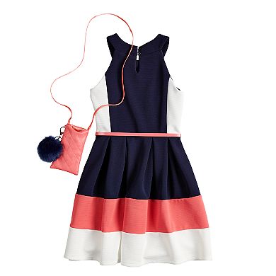 Girls 7-16 & Plus Size Knitworks Belted Halter Skater Dress with Necklace & Crossbody Purse
