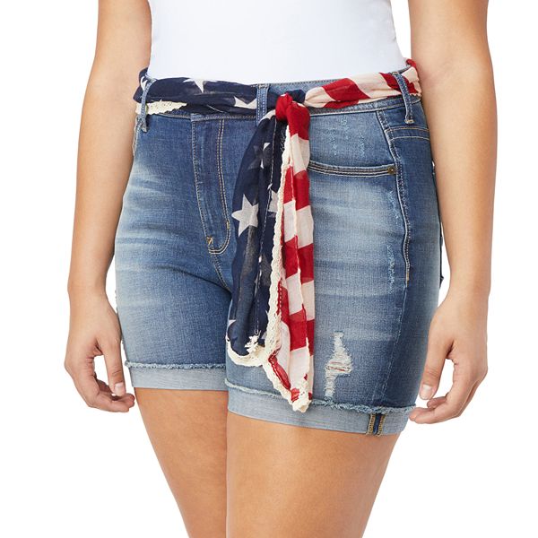 Juniors Plus Size Wallflower American Flag Belted High Waisted Jean Shortie Shorts