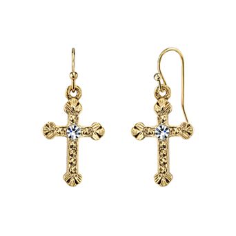 1928 Gold Tone Crystal Cross Drop Earrings
