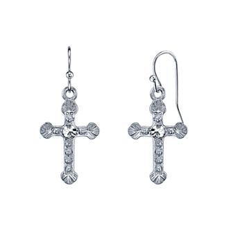 1928 Silver Tone Crystal Cross Drop Earrings