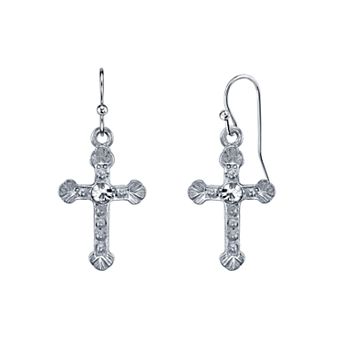 1928 Silver Tone Crystal Cross Drop Earrings