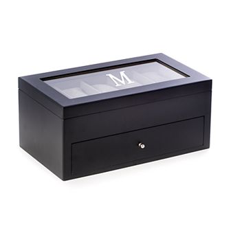 Bey-Berk Black Wood Initial Monogram Twenty Watch Storage Box