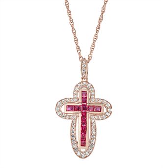 14k Gold Over Silver Lab-Created Ruby Cross Pendant Necklace