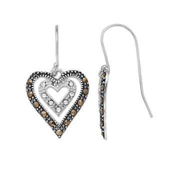 Tori Hill Sterling Silver Marcasite & Crystal Double Heart Drop Earrings