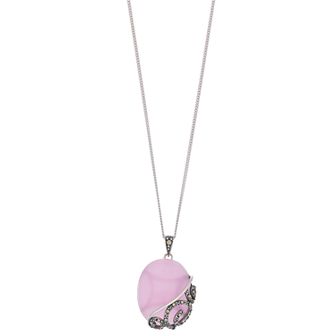 Tori Hill Sterling Silver Genuine Marcasite & Pink Glass Oval Pendant with Chain