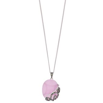 Tori Hill Sterling Silver Genuine Marcasite & Pink Glass Oval Pendant with Chain