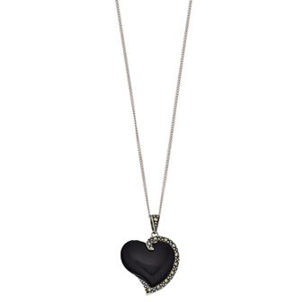 Tori Hill Sterling Silver Genuine Marcasite & Onyx Heart Pendant with Chain