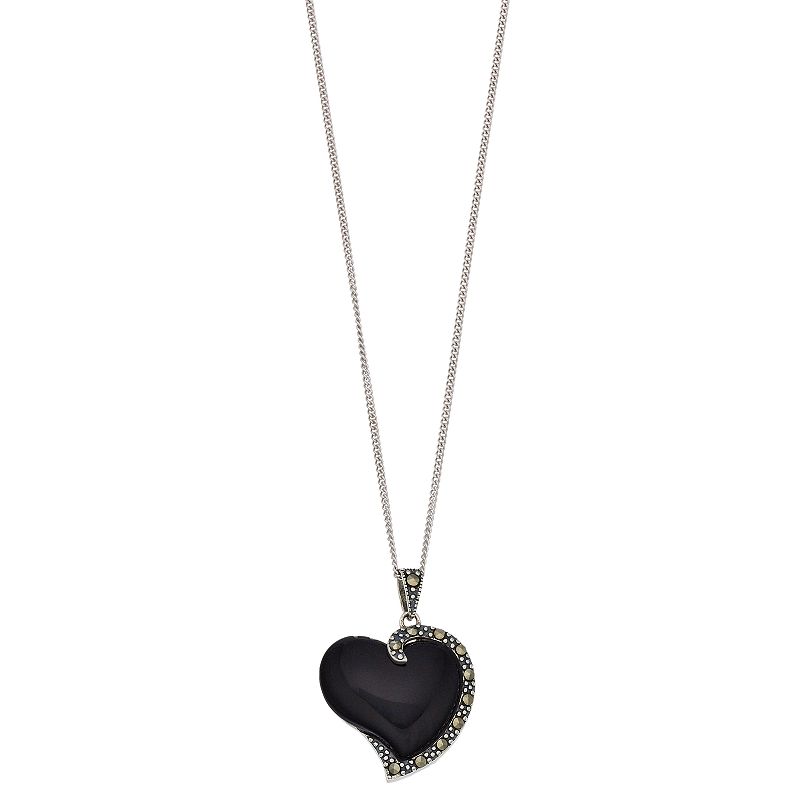 Tori Hill Sterling Silver Onyx & Marcasite Heart Pendant Necklace, Womens