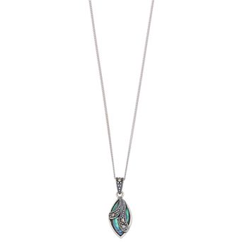 Tori Hill Sterling Silver Genuine Marcasite & Abalone Marquise Pendant with Chain