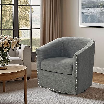 Madison Park Tyler Upholstered Swivel Barrel Chair with Nailheads