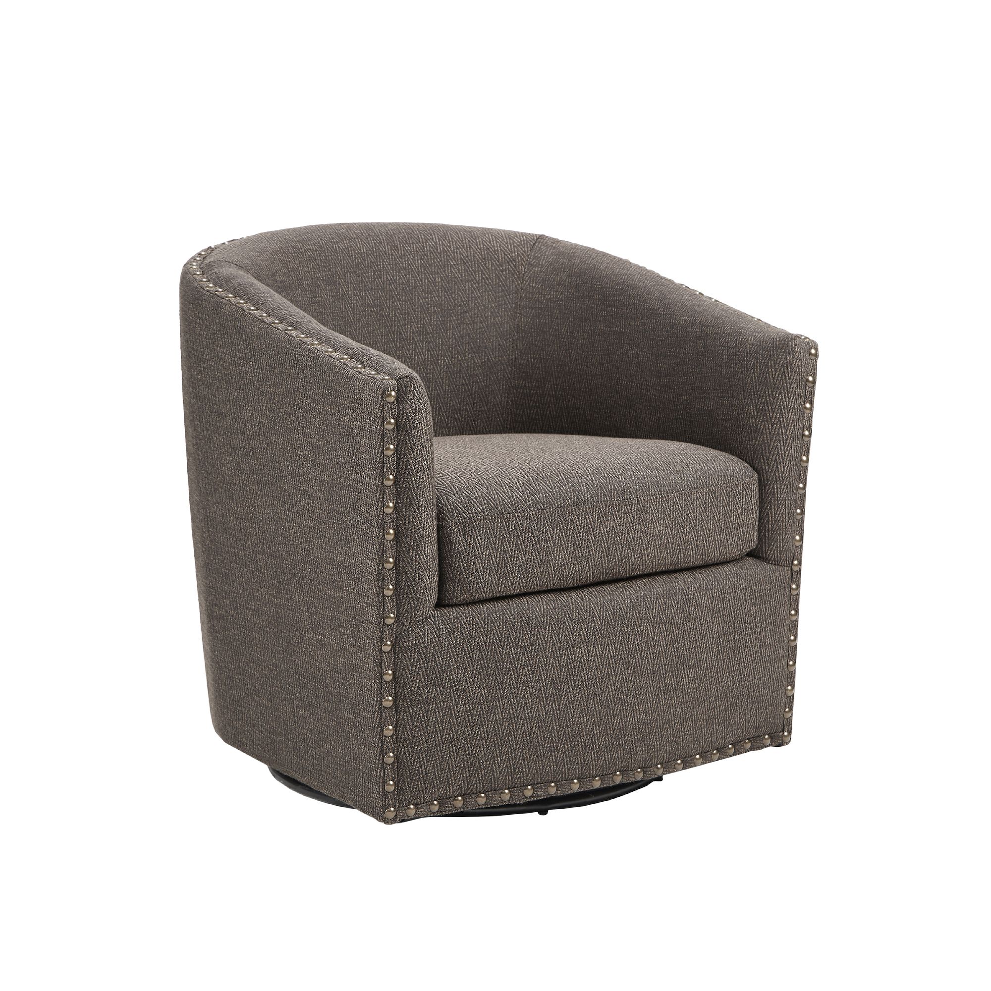 Madison Park Tyler Upholstered Swivel Barrel Chair with Nailheads, Brown