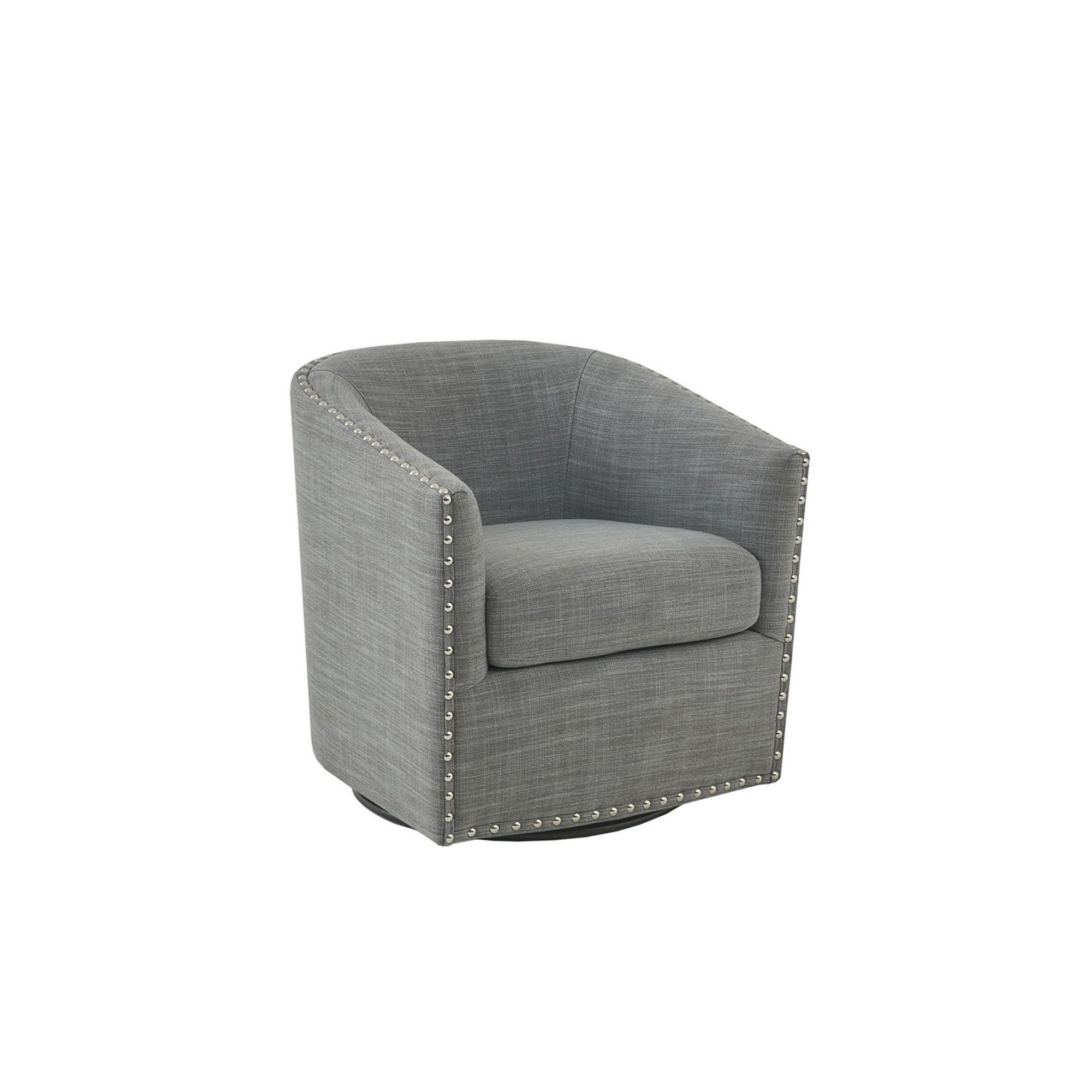 Madison Park Tyler Upholstered Swivel Barrel Chair with Nailheads, Gray