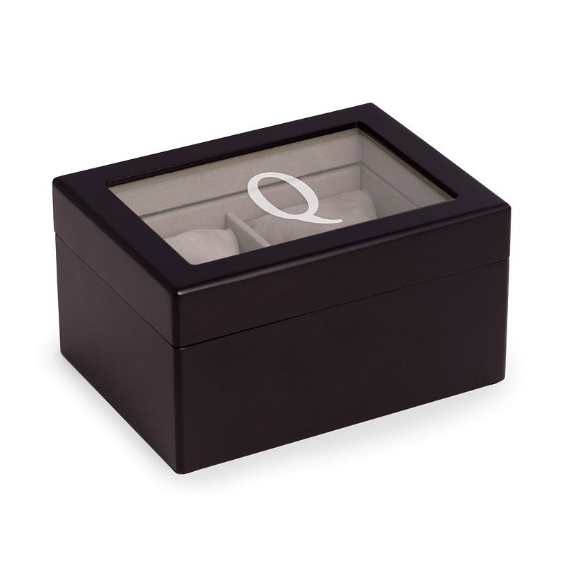 Bey-Berk Dark Brown Wood Initial Monogram Two Watch Storage Box, Q