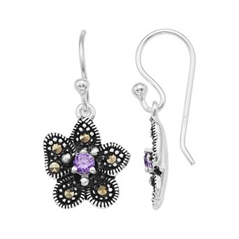 Tori Hill Sterling Silver Marcasite & Purple Glass Flower Drop Earrings