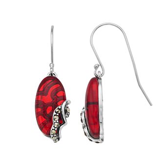 Tori Hill Sterling Silver Marcasite & Red Glass Oval Drop Earrings