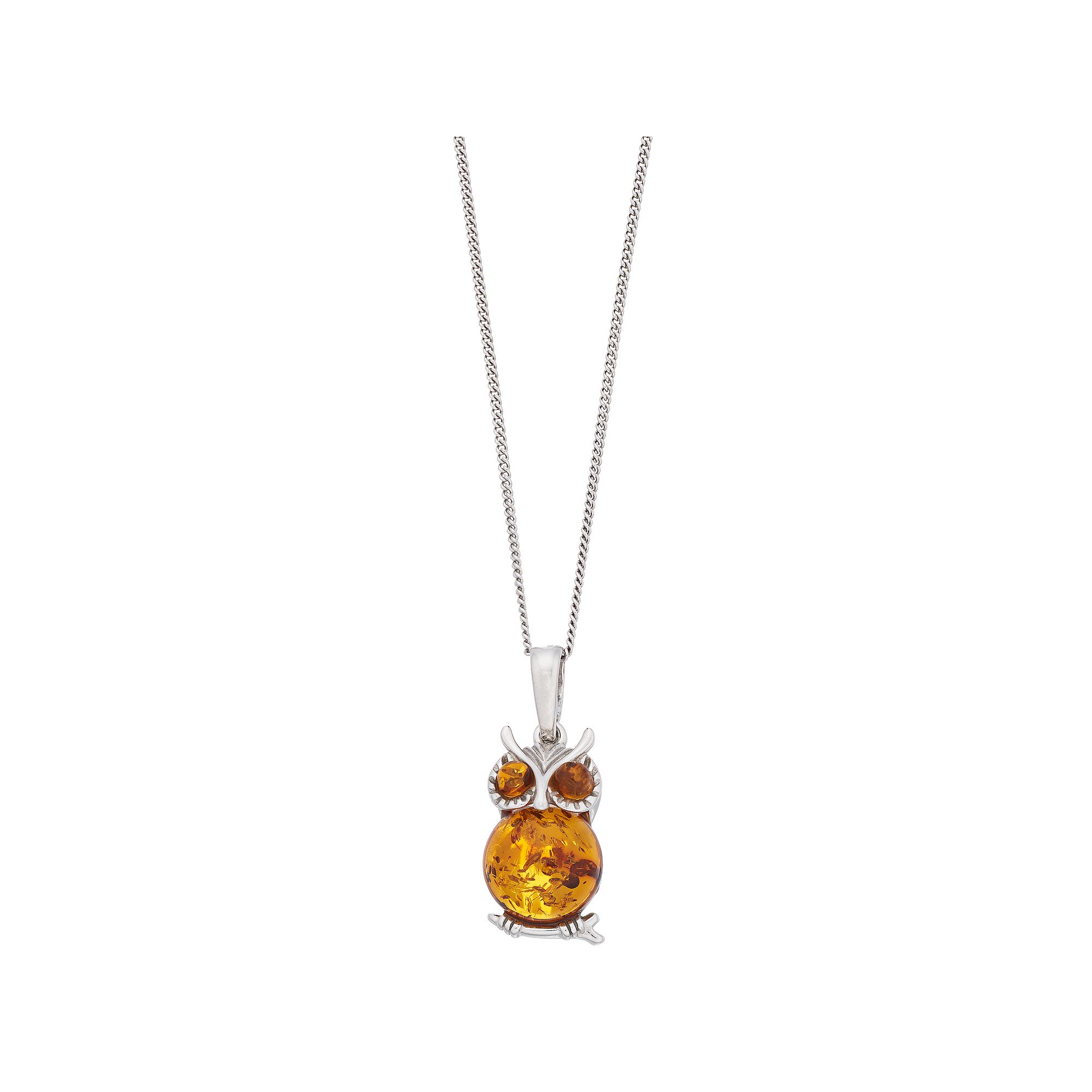 Sterling Silver Baltic Amber Owl Pendant Necklace, Womens, Size: 18