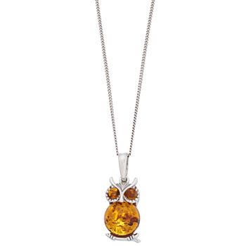 Sterling Silver Baltic Amber Owl Pendant Necklace