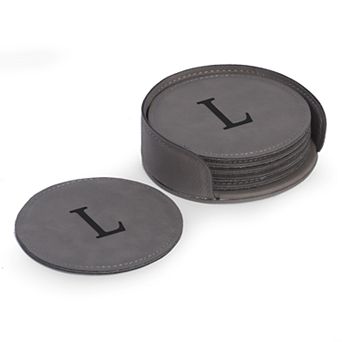 Bey-Berk Initial Monogram Gray Leather Coaster Set