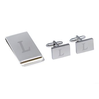 Bey-Berk Silver Tone Monogram Money Clip & Cufflinks Set