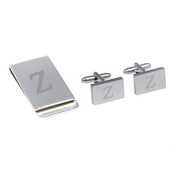 Bey-Berk Silver Tone Monogram Money Clip & Cufflinks Set
