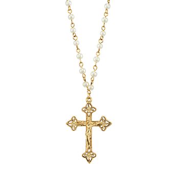 1928 14k Gold-Plated Simulated Pearl Crucifix Pendant Necklace