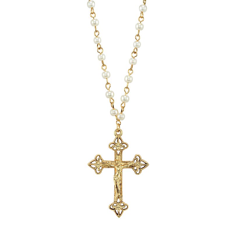 1928 14k Gold-Plated Simulated Pearl Crucifix Pendant Necklace, Womens, S