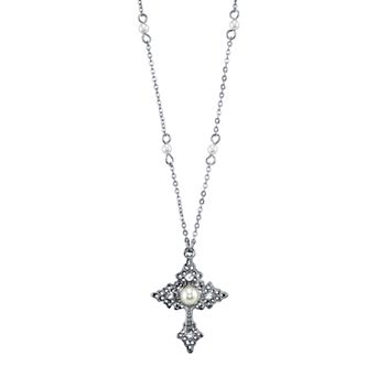 1928 Simulated Pearl Cross Pendant Necklace