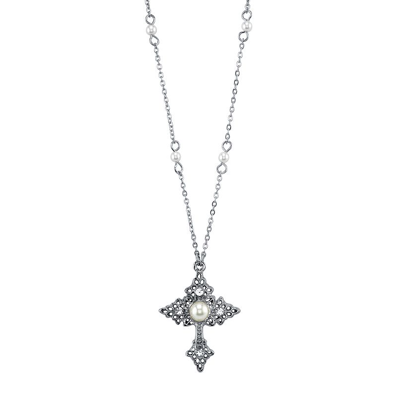 1928 Simulated Pearl Cross Pendant Necklace, Womens, Size: 16, Grey