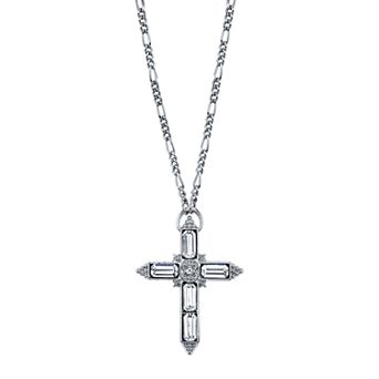 1928 Crystal Baguette Cross Pendant Necklace
