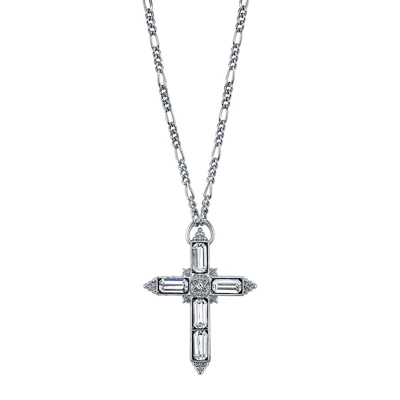 1928 Crystal Baguette Cross Pendant Necklace, Womens, Grey