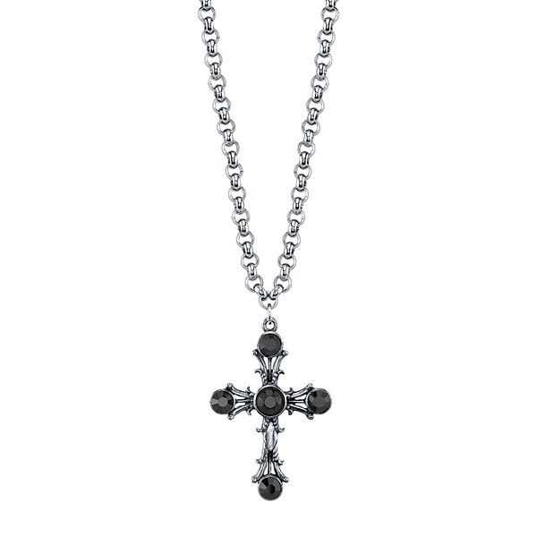 1928 Black Stone Cross Pendant Necklace