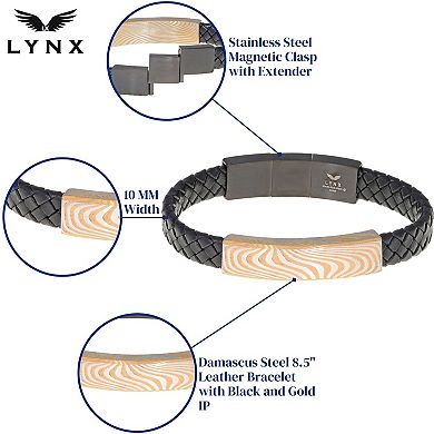 Men's LYNX Damascus Steel & Black Leather Bracelet