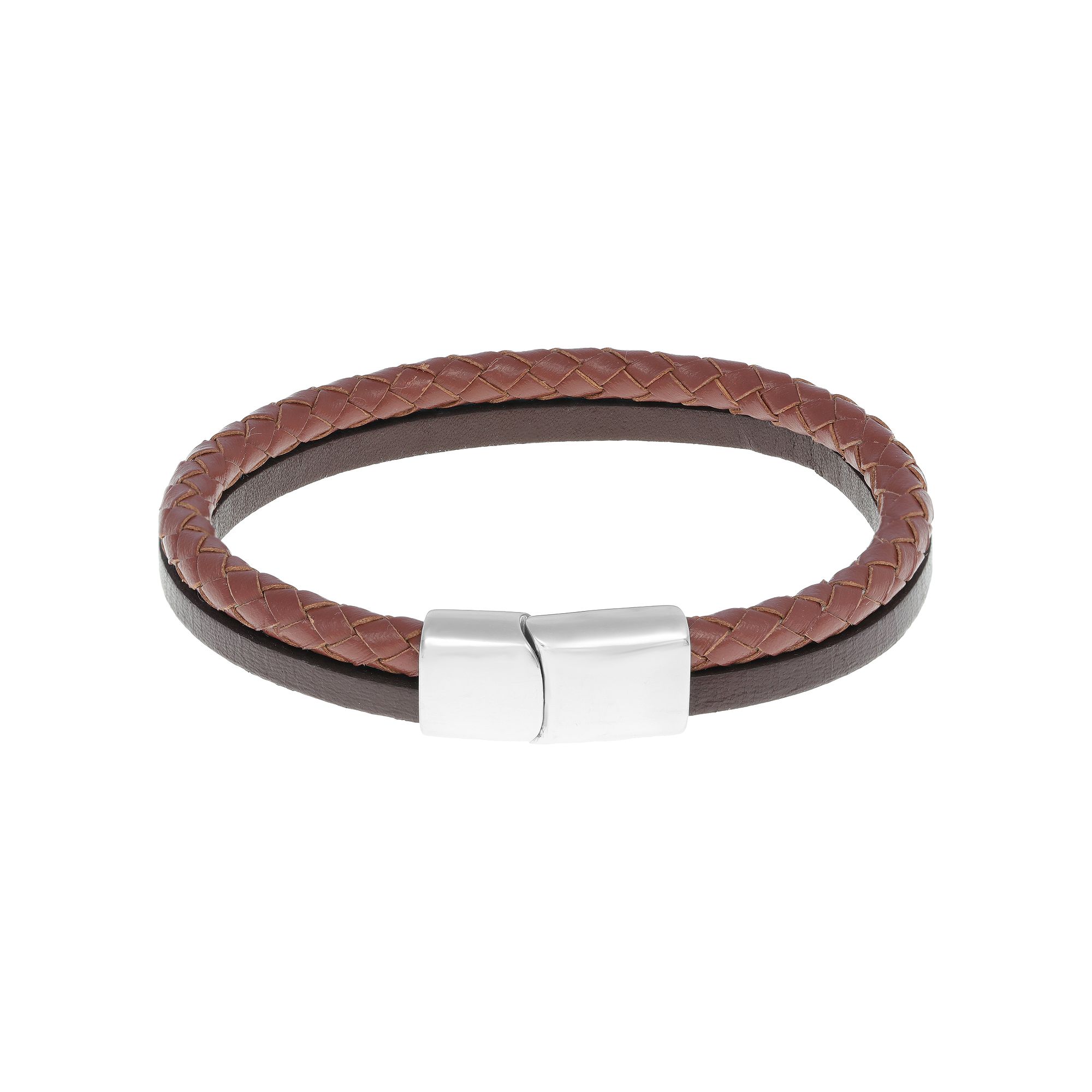 Mens LYNX Stainless Steel & Two-Tone Leather Bracelet, Size: 8.5