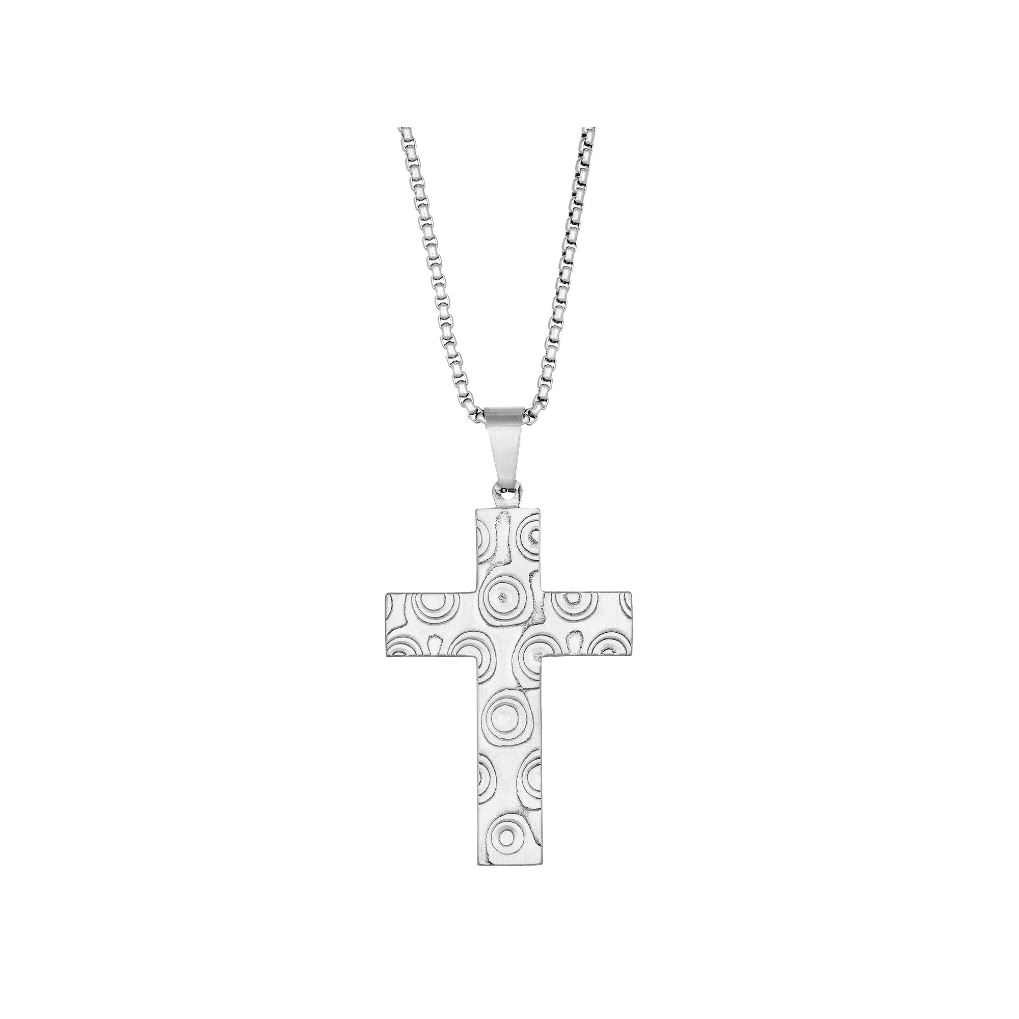 Mens LYNX Damascus Steel Circle Cross Pendant Necklace, Size: 24, Stain