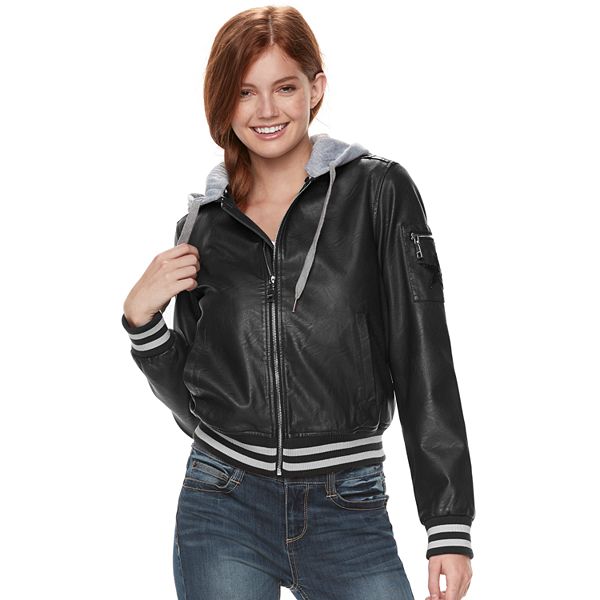 madden NYC Juniors' Hooded Faux-Leather Jacket
