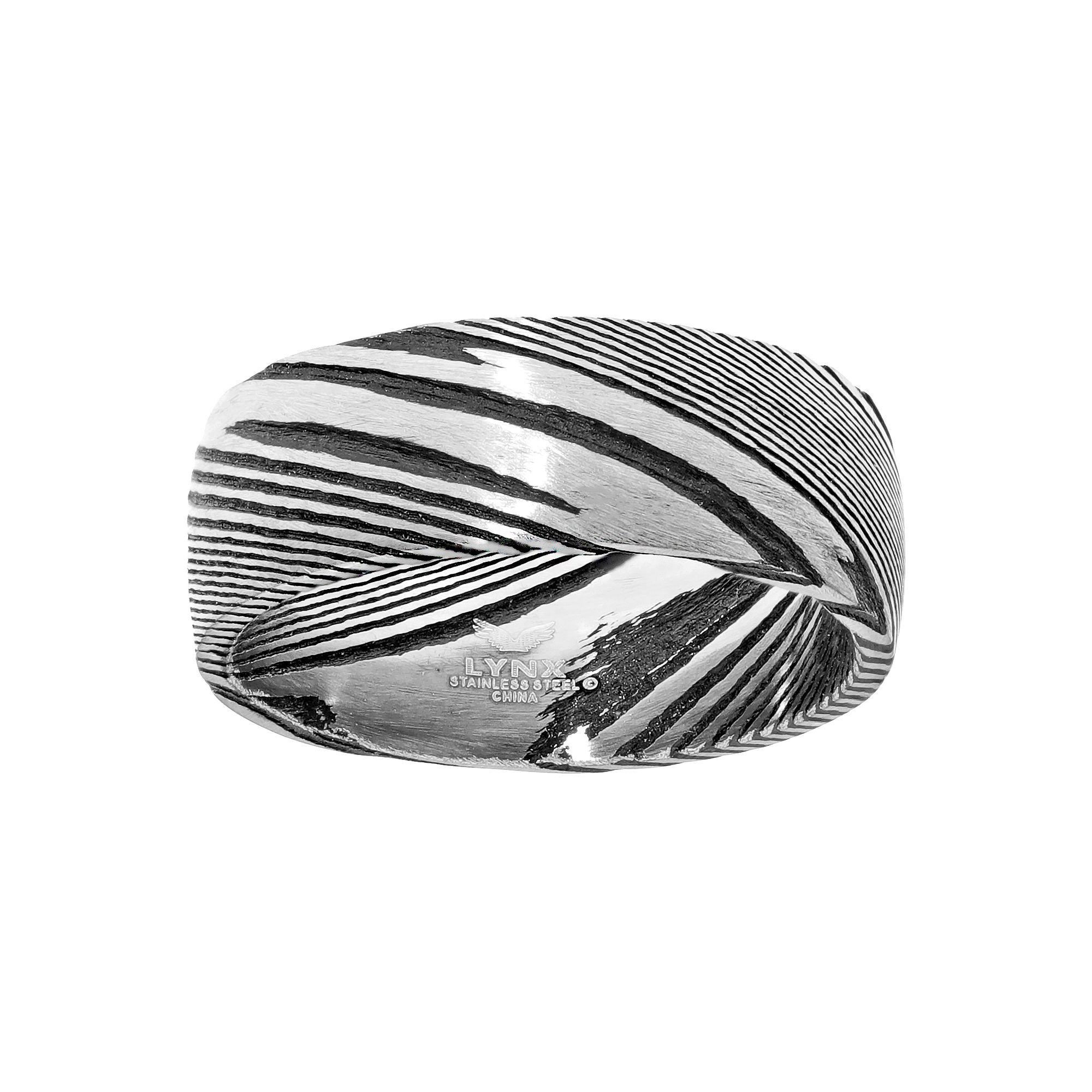 Mens LYNX Damascus Steel Black Ion Ring, Size: 10, Stainless