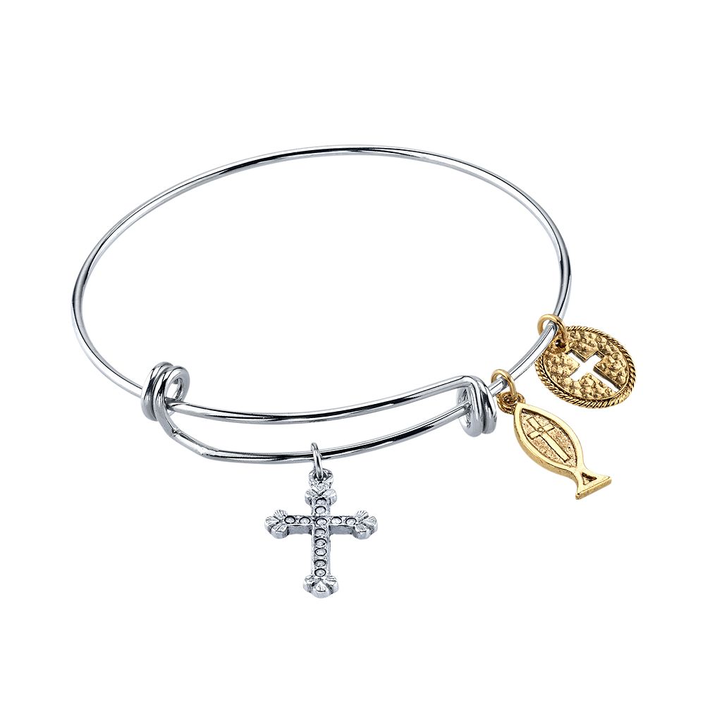 1928 14k Gold-Plated Cross Fish & Medallion Bangle Bracelet