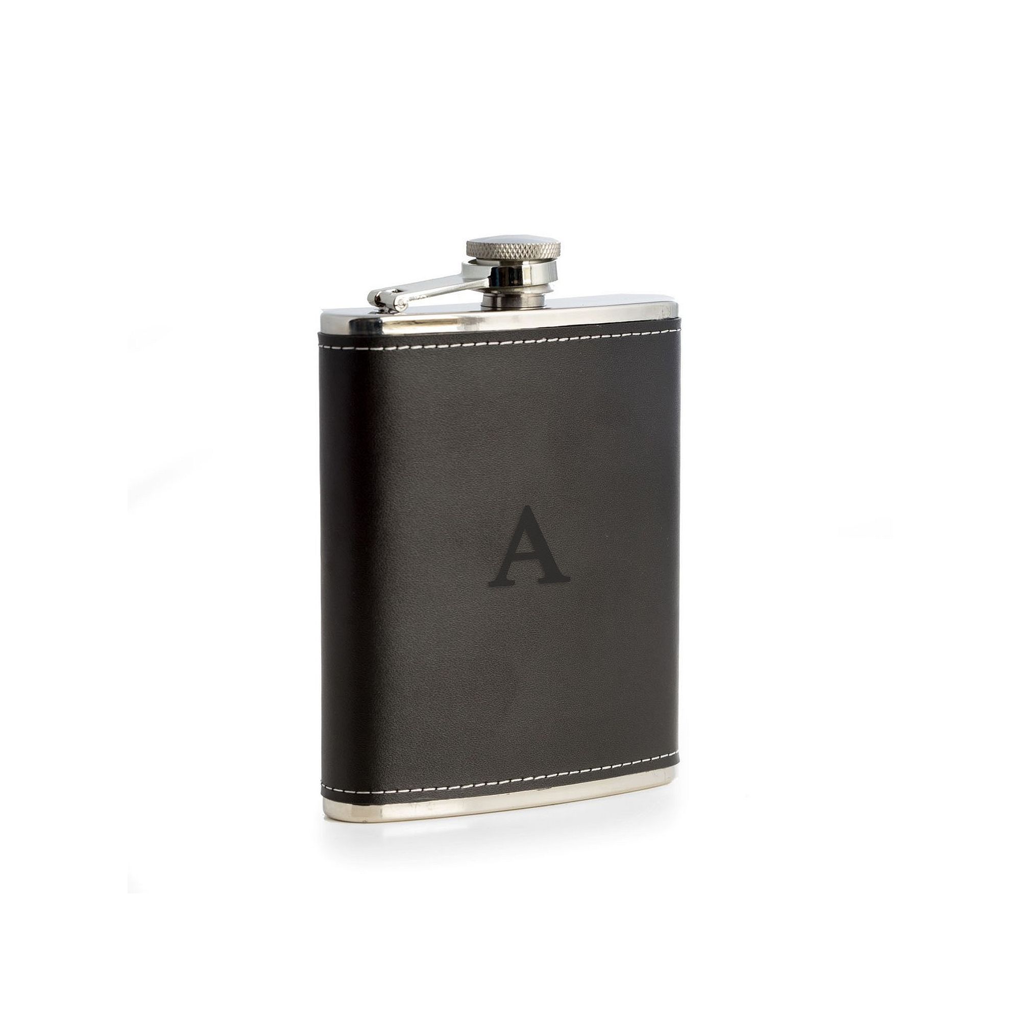 Bey-Berk Initial Monogram Black Leather Flask
