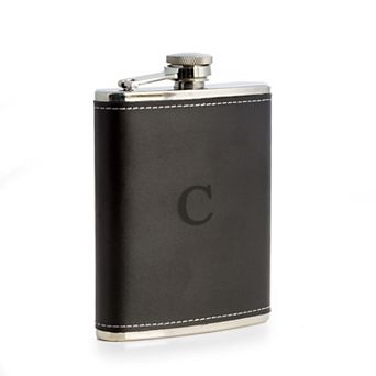 Bey-Berk Initial Monogram Black Leather Flask