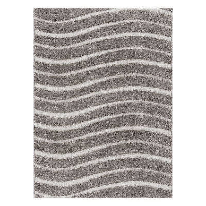 KHL Rugs Waveland Contemporary Striped Shag Rug, Grey, 5Ft Sq