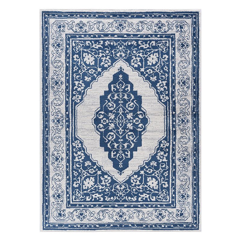 KHL Rugs Kerr Traditional Framed Floral Rug, Blue, 8Ft Rnd