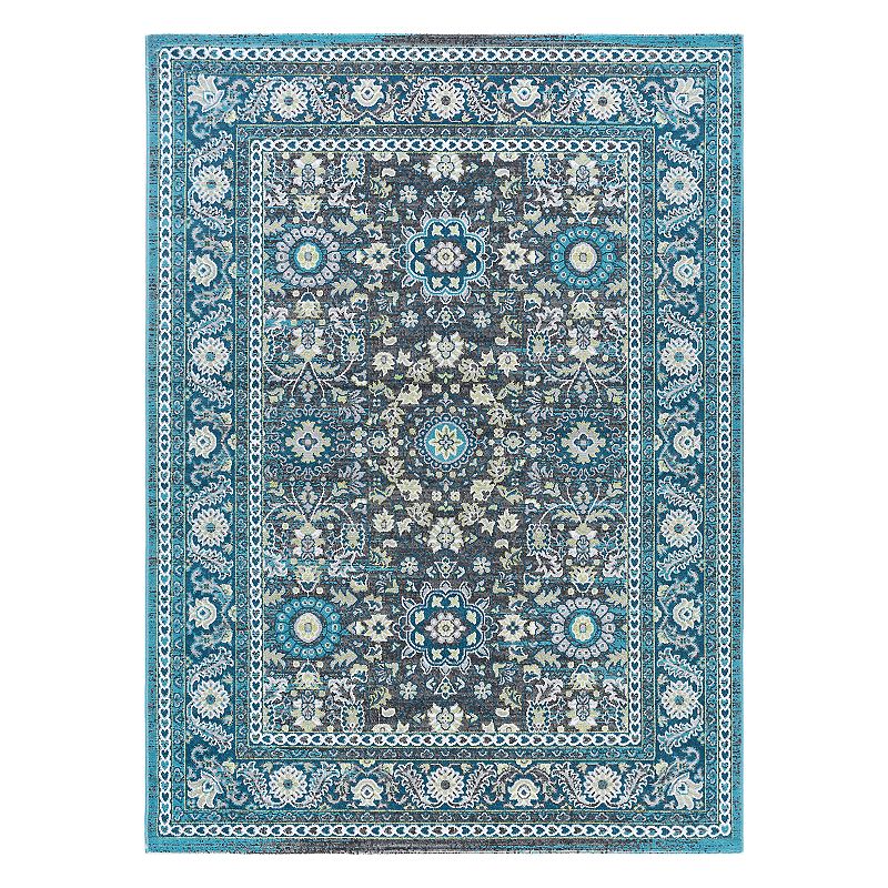 KHL Rugs Serafina Traditional Framed Floral Rug, Turquoise/Blue, 8Ft Rnd