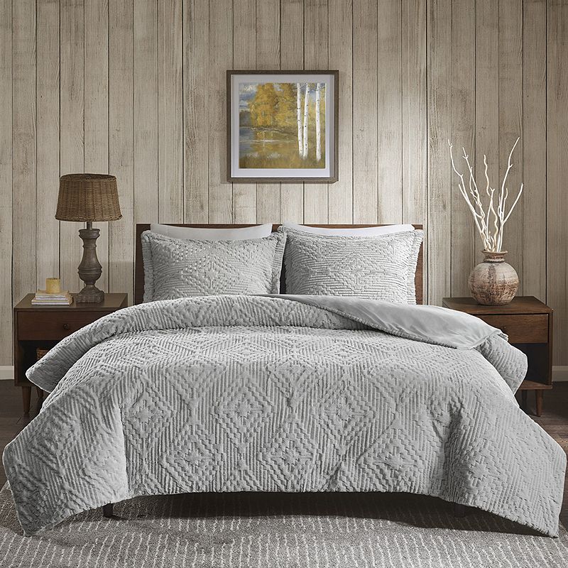 Woolrich Teton Embroidered Plush 3-piece Coverlet Set, Grey, Full/Queen