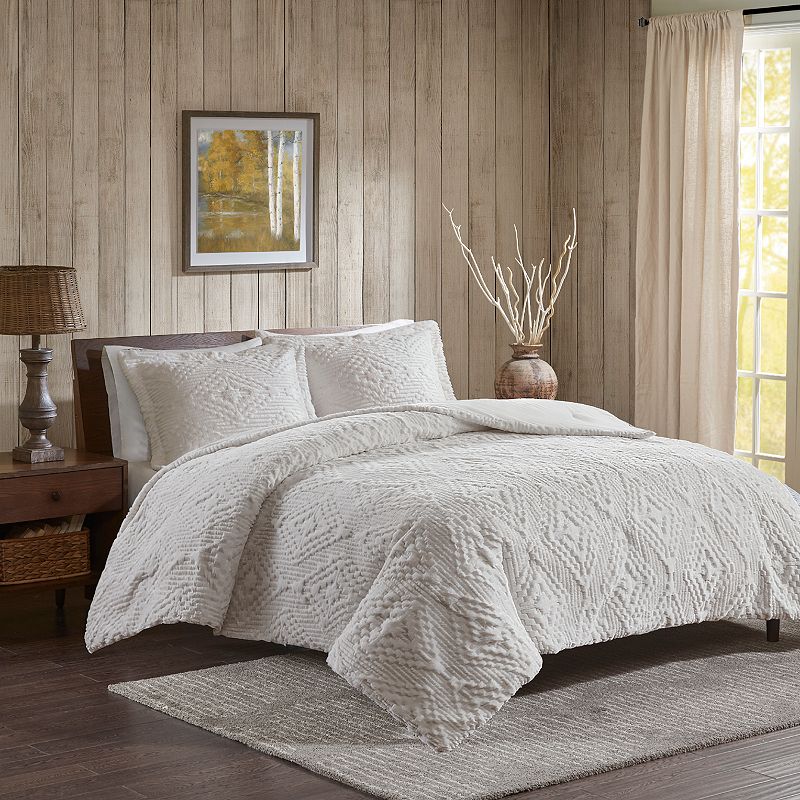 King/California King Teton Embroidered Plush Coverlet Set - Ivory: Woolrich, Faux Fur, Midweight Fabric, Includes 2 Shams